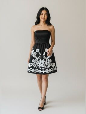 White House Black Market Black Strapless Dress with White Applique